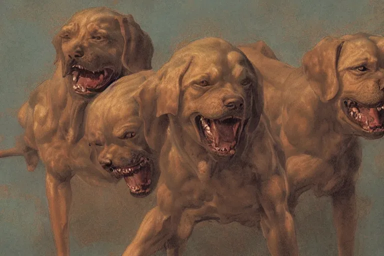 Image similar to hyperdetailed matte art of a three headed dog cerberus by william blake, ilya repin, amano, rene magritte, craig mullins, three headed dog cerberus, details