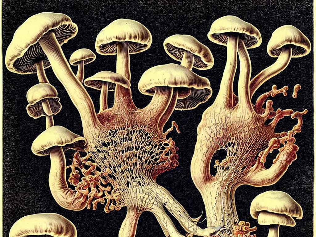 Image similar to human eating yourself with mushrooms, neo surrealism, erns haeckel
