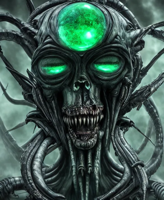 Image similar to xenomorph borg queen goth model skull eyes hybrid, dragon eggs, dark emerald mist colors, giger background liminal void, cinematic lighting, realistic, award winning photograph, various refining methods, micro macro autofocus