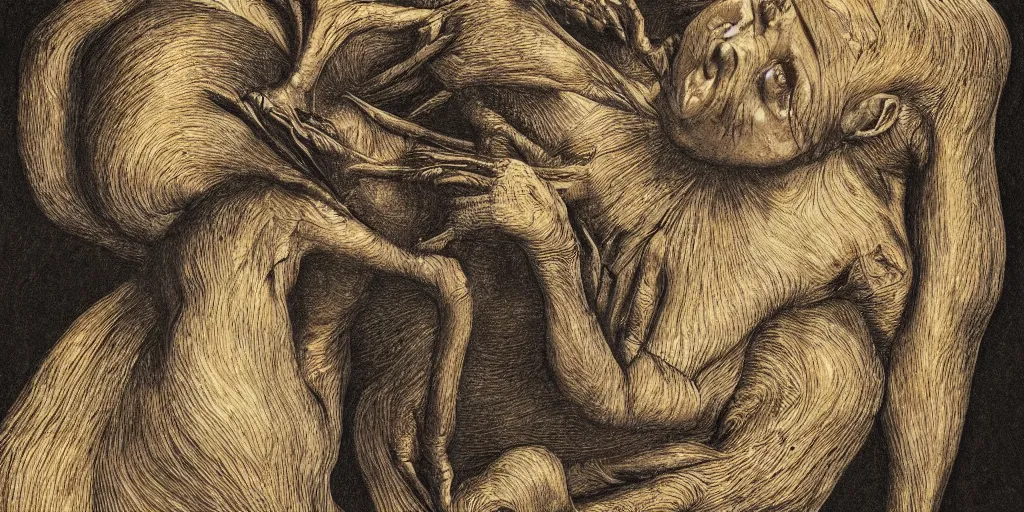 Image similar to realistic portrait of creatures from nightmares, drawn, golden, 1450, ink, ultra realistic, 8k