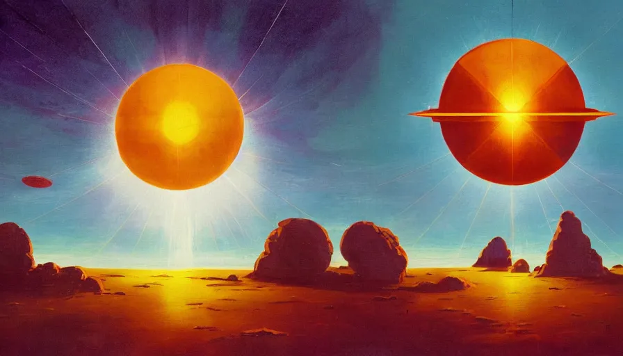 Prompt: solar sail floating in front of the sun in space, simon stalenhag, art deco painting