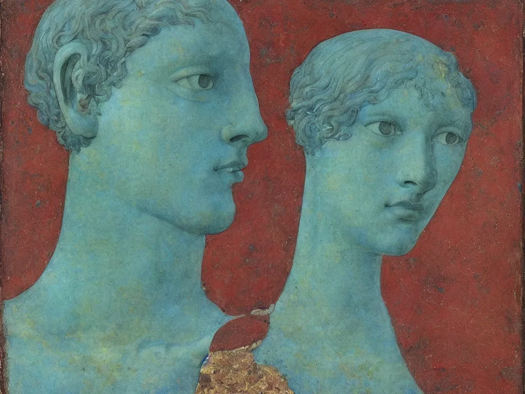 Image similar to marble greek sculpture head with inlaid crystal eyes. lapis - lazuli, turquoise, malachite, cinnabar, earth brown. painting by piero della francesca, balthus, agnes pelton