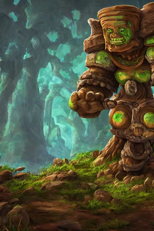 Image similar to zelda fantasy art giant golem troll wood rock greeble gemstone, global illumination ray tracing hdr fanart arstation by sung choi and eric pfeiffer and gabriel garza and casper konefal