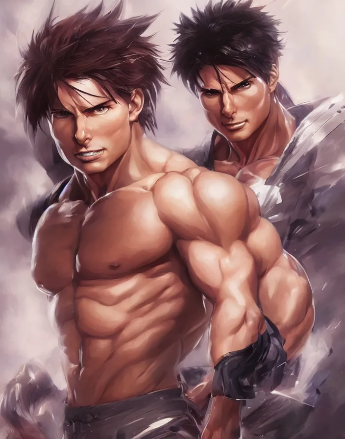 Image similar to anime portrait of tom cruise as a muscular anime boy by Stanley Artgerm Lau, WLOP, Rossdraws, James Jean, Andrei Riabovitchev, Marc Simonetti, and Sakimichan, trending on artstation