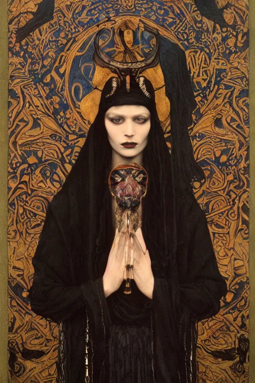 Image similar to a goth shaman with the head of a raven, by Annie Swynnerton and Nicholas Roerich and John Bauer and jean delville and John William Godward and Donato Giancola and Vermeer, black leather and embroidered velvet, iridescent beetles, rich color, dramatic cinematic lighting, featured on Artstation, extremely detailed