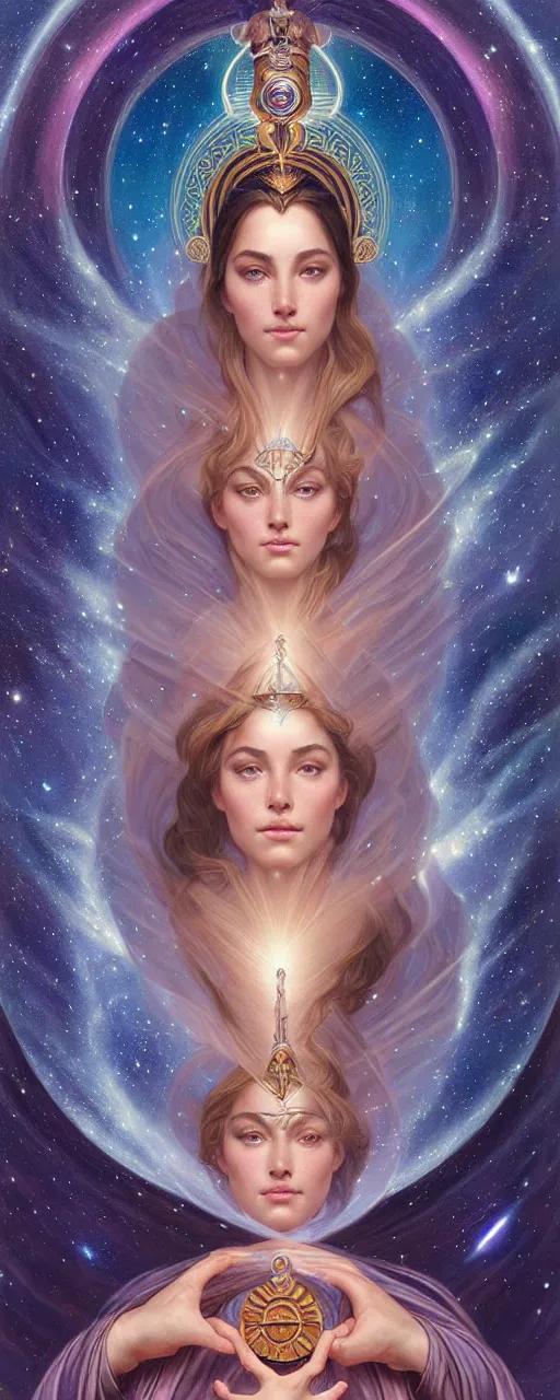 Image similar to perfectly detailed goddess of galaxies portrait judgement tarot card!! blessed by the universe with ever - increasing physical mental perfection, symmetrical! intricate, sensual features, highly detailed, universeral divine perfection!! digital painting, artstation, concept art, smooth, sharp focus, illustration, art by artgerm and greg rutkowski and alphonse mucha