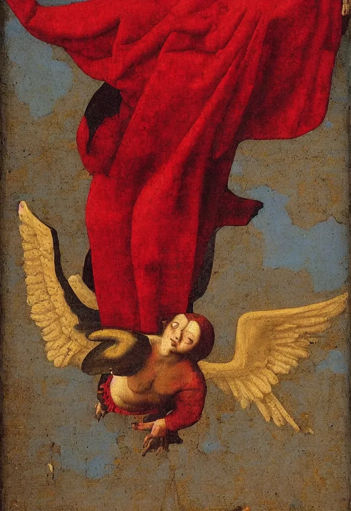 Image similar to Flying Fallen Angel with wings dressed in red, Medieval painting by Jan van Eyck, Johannes Vermeer, Florence