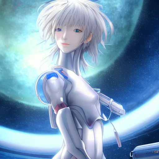 Image similar to This is a digital art piece by Yoshiyuki Sadamoto that is trending on artstation. It is a 8K UHD image of Rei Ayanami, a female anime character, inside a space station with technological rings. She is shot from the ground by Yoshiyuki Sadamoto. The environment is a concept design and the art is hyper realistic with intricate details.