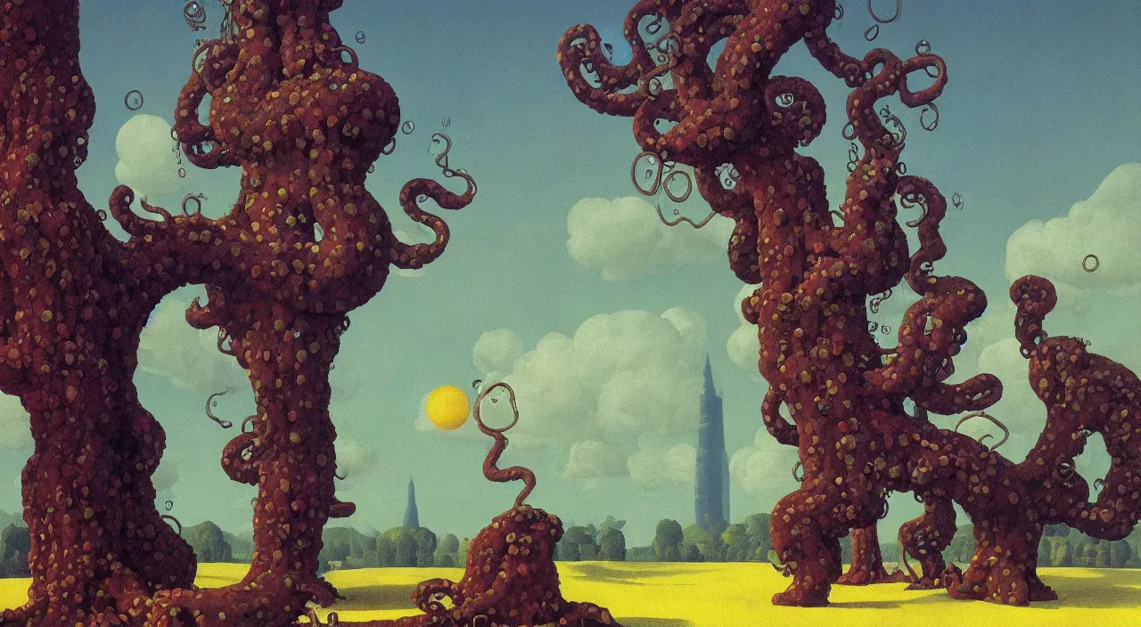 Image similar to single flooded simple tentacle tree tower!, very coherent and colorful high contrast!! masterpiece by rene magritte simon stalenhag carl spitzweg syd mead norman rockwell edward hopper james gilleard, minimalist, dark shadows, sunny day, hard lighting