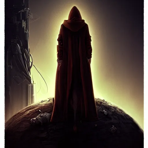 Image similar to hooded figure standing at the edge of reality gazing into the unknown, sunset on distant machine planet, steampunk, cyberpunk, detailed digital painting, smooth, sharp focus, artstation, artgerm, 4 k ultra hd, fantasy dark art