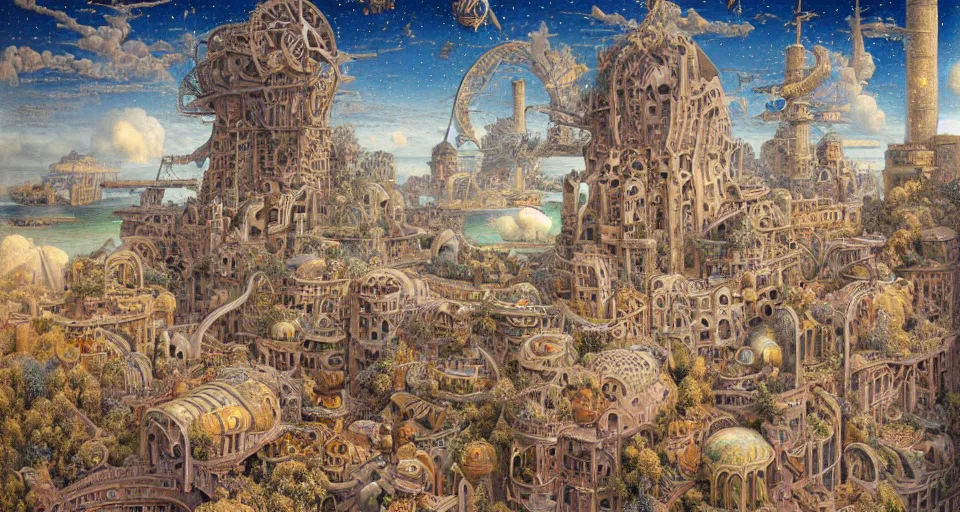 Prompt: pastel colours, guido borelli da caluso, richard dadd, smooth paper with detailed line work, Mandelbulb, Exquisite detail perfect symmetrical, silver details, hyper detailed, bold intricate ink illustration, smooth textures, steampunk, smoke, neon lights, starry sky, steampunk city, liquid polished metal, by jesper ejsing