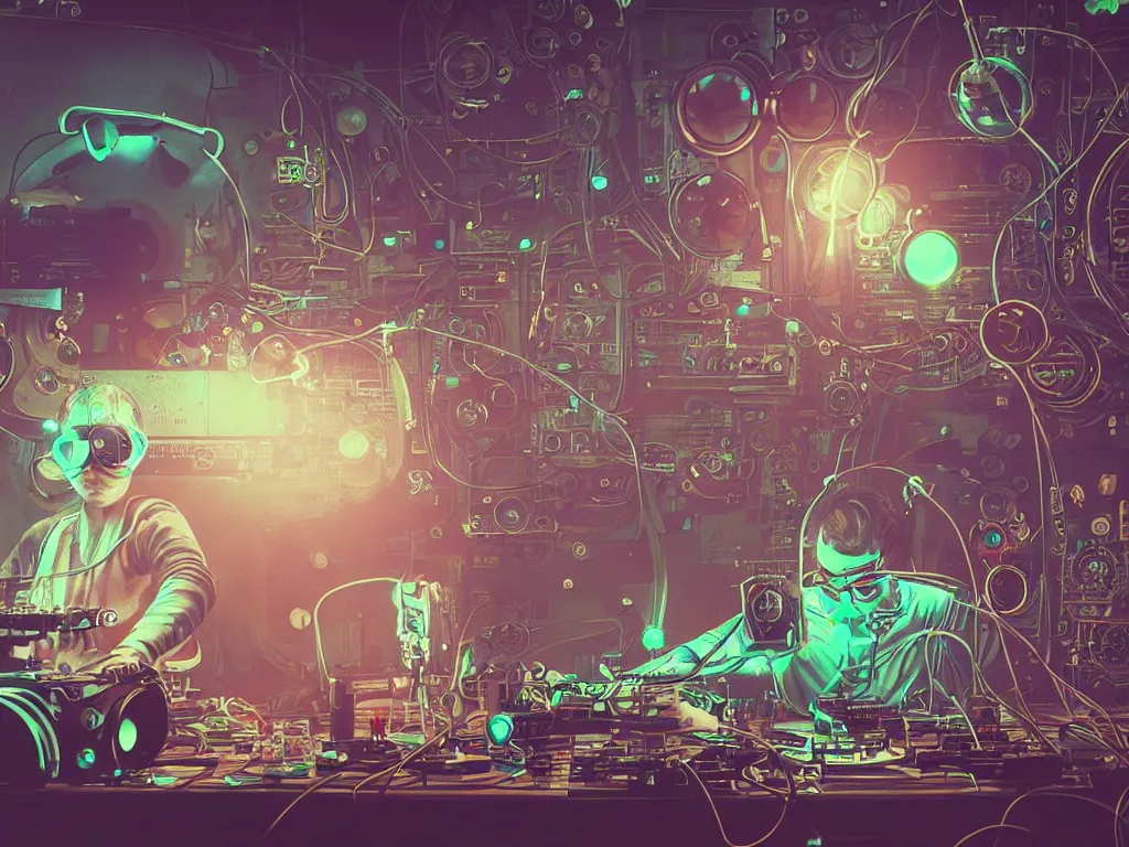 Image similar to a person wearing goggles and visor and headphones using a steampunk record player contraption, wires and tubes, turntablism dj scratching, intricate planetary gears, cinematic, imax, sharp focus, leds, bokeh, iridescent, black light, fog machine, hazy, lasers, art by simon stalenhag and beeple
