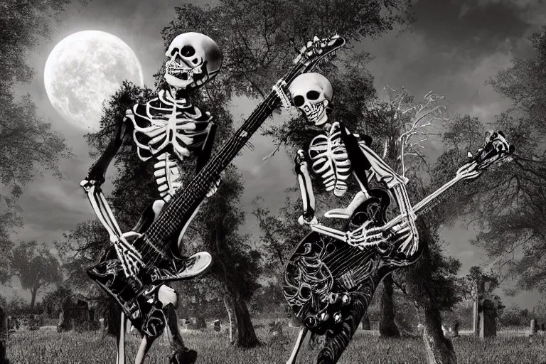 Prompt: skeletons rockers play guitars in the cemetery, rock concert, dark night, full moon, crows on the oak tree, highly detailed digital art, photorealistic