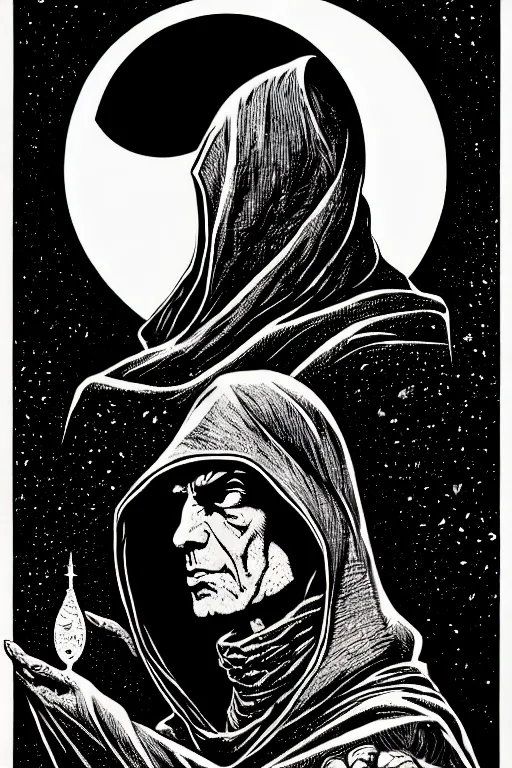 Prompt: wizard in a hooded cloak gazing into a crystal ball, high details, intricately detailed, by vincent di fate, inking, 3 color screen print, masterpiece, trending on artstation, side profile, sharp, details, hyper - detailed, hd, 4 k, 8 k