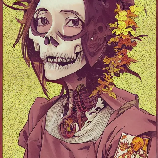 Image similar to anime manga skull portrait girl female dora the explorer skeleton illustration hyperrealistic art Geof Darrow and will cotton alphonse mucha pop art nouveau