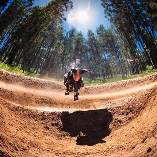 Prompt: a cow standing on a motocross jump, fisheye lens