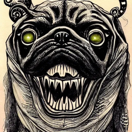 Image similar to a lovecraftian pug monster | illustration, very detailed, pen, ink and watercolors, drawn by brian bolland