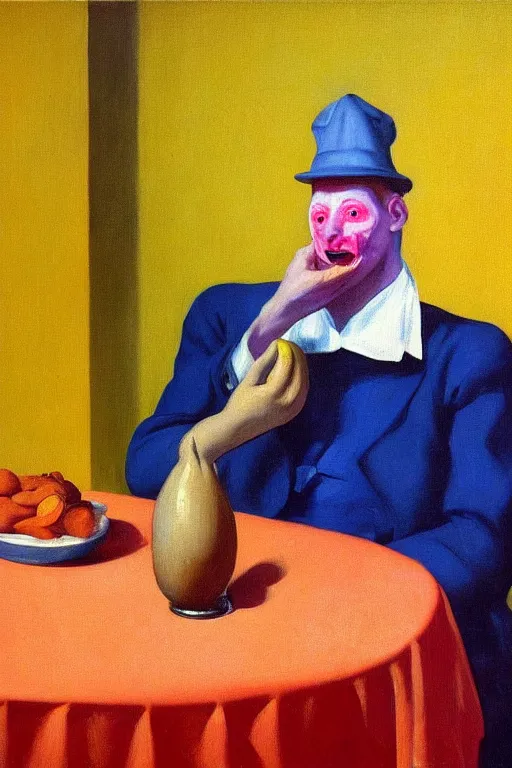 Image similar to portrait of a man who wants to eat himself, but he can't do it, because he's not sugary, hauntingly surreal, highly detailed oil painting, by francis bacon, edward hopper, adrian ghenie, red and yellow and blue colour palette, cinematic composition, masterpiece