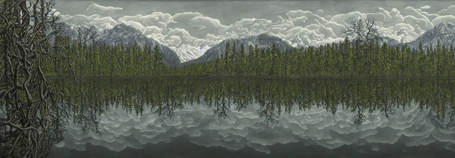 Prompt: escher painting of a lake, big trees reflecting on lake surface, mountains at background, snowy, ultra sharp, ultra detailed, dark emotion, colorized by salvador