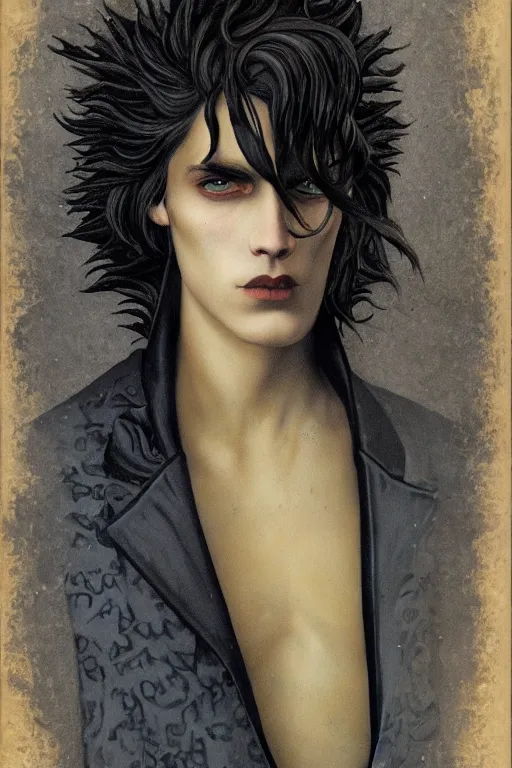 Image similar to portrait of beautiful young gothic man with read hair, cyberpunk, the middle ages, highly detailed, artstation, illustration, art by rene magritte