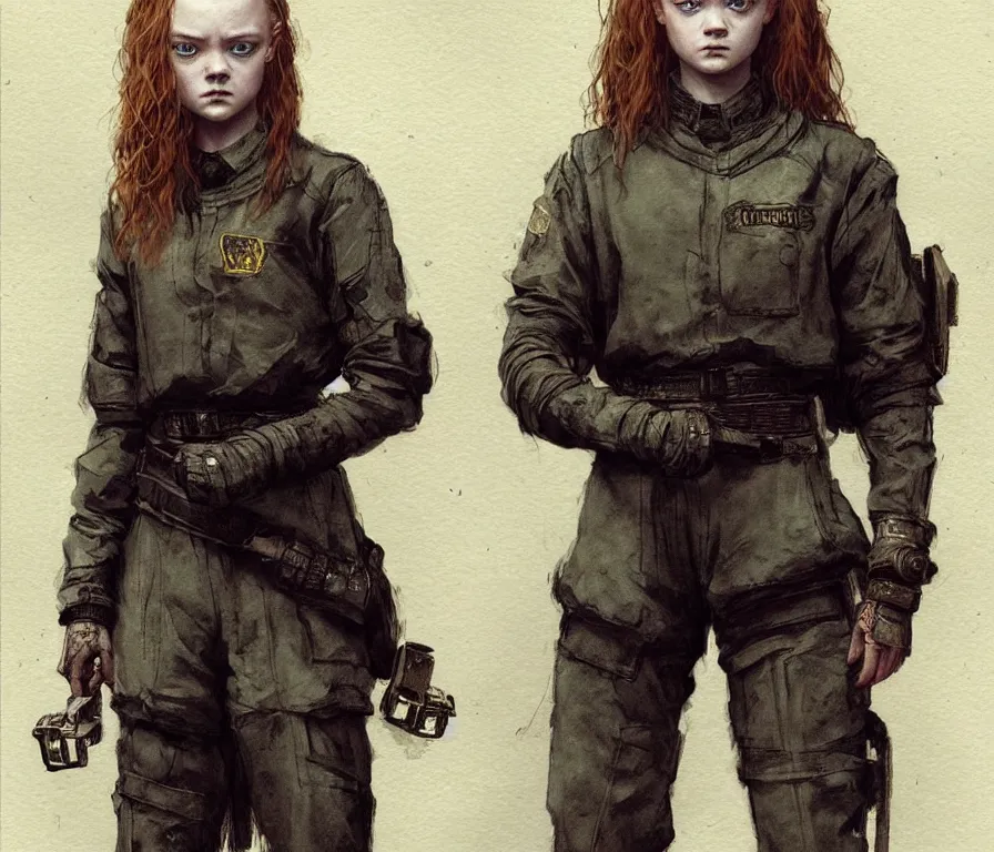 Image similar to sadie sink dressed in oversized school uniform : costume concept for a scifi cyberpunk film. by greg rutkowski, gustave courbet, greg staples, rosa bonheur. sharp focus, cinematic atmosphere, detailed and intricate, perfect anatomy