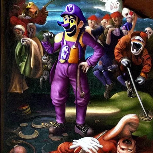 Prompt: waluigi emerges from the sewer to shame mankind, baroque oil painting, detailed, dramatic