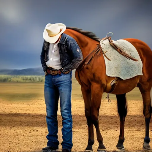 Image similar to a very sad cowboy because his horse's leaving at a horse party