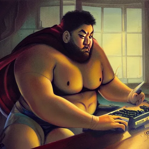 Image similar to a insanely detailed painting of a thick asian man wearing a homemade superhero costumed, sitting at a computer desk typing on the keyboard, in the style of peter mohrbacher, dramatic lighting and composition, trending on artstation, concept art, comic book, graphic novel