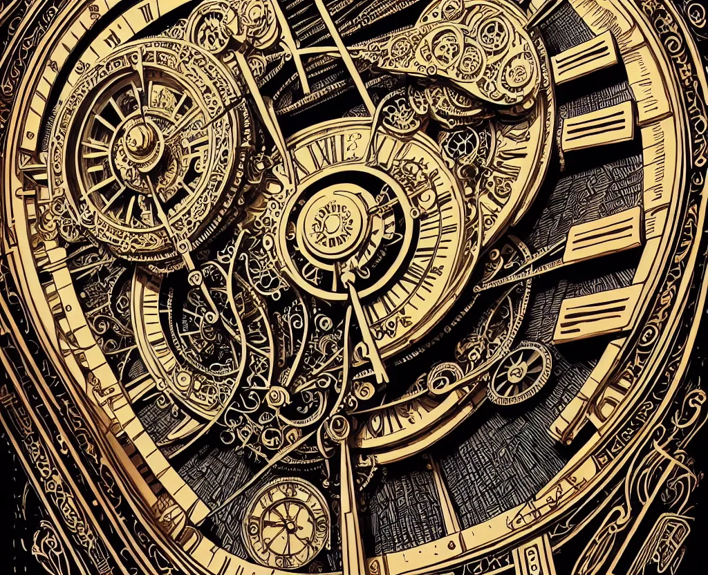 Image similar to ornate steampunk grandfather clock, high details, intricately detailed, by vincent di fate, inking, lineart, 3 color screen print, masterpiece, trending on artstation,, sharp, details, hyper - detailed, hd, 4 k, 8 k