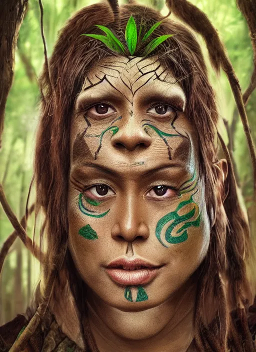 Image similar to beautiful matte painting of a portrait of a plant teacher spirit uchu sanango in the jungle, tribal face paintings, ayahuasca, matte painting, realistic