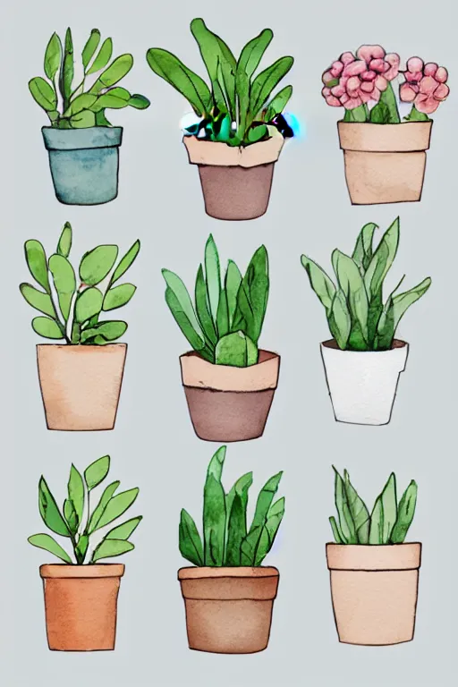 Image similar to minimalist watercolor art of cute flower pots on white background, illustration, vector art