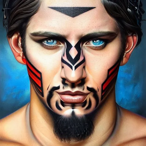 Prompt: ultra realistic portrait painting of a perfect handsome man blue eyes black hair stubble tribal tattoo, painted by Tristan Eaton Stanley Artgerm and Tom Bagshaw