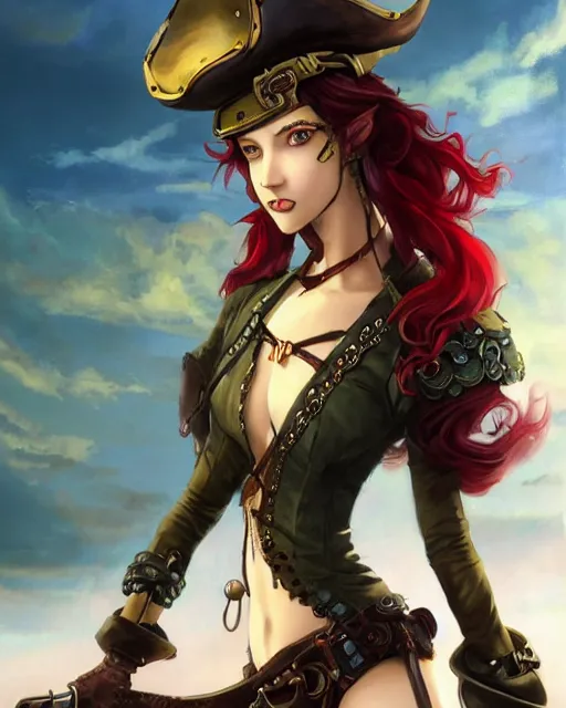 Prompt: a beautiful half body 2D illustration of a young female steampunk pirate wearing leather armor on gold and red trimmings on green, by Charlie Bowater, tom bagshaw, Artgerm and Lois Van Baarle, very cool pose, pirate ship with an epic sky background, slightly smiling, cinematic anime lighting and composition, fantasy painting, very detailed, ornate, trending on artstation and pinterest, deviantart, google images