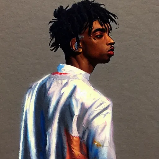 Image similar to oil painting sketch of a Playboi Carti in the style of syd mead and john william waterhouse