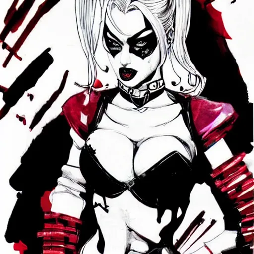 Prompt: dc vertigo Harley Quinn by yoji shinkawa and Ashley wood, black and white, detailed