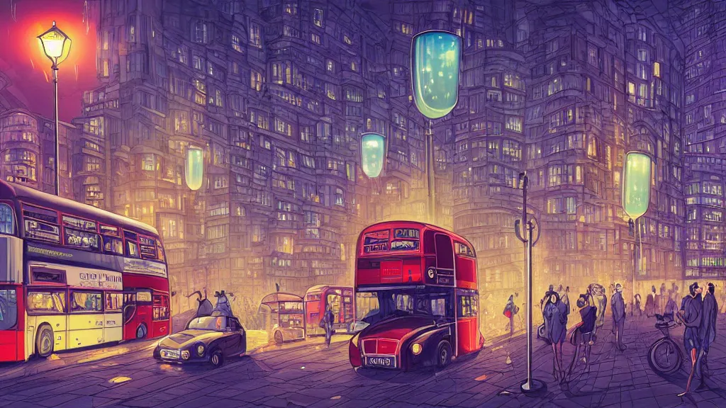 Image similar to street view of london city at night by cyril rolando and naomi okubo and dan mumford and zaha hadid. flying cars. advertisements. elegant lamps. double decker bus.