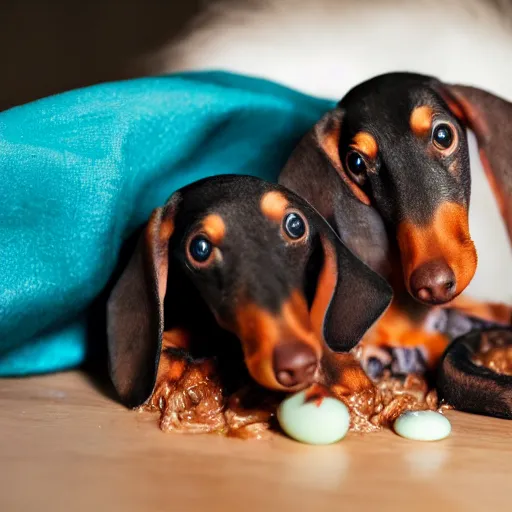 Prompt: eggs cracking open with baby dachshunds inside. baby dachshunds hatching. professional photography