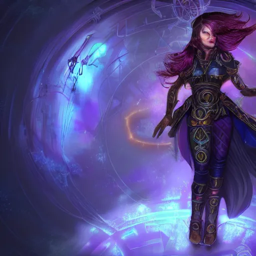 Image similar to Path of Exile, Maven, female image with purple hair among colourful lights, dark blue spheres fly around, Anachronism, painting, dark fantasy, steampunk, 4k,