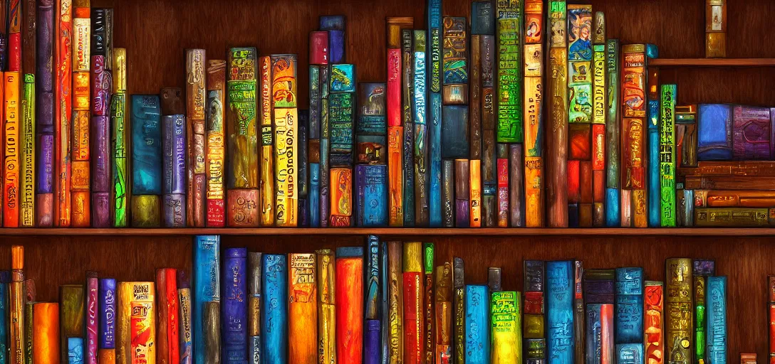 Prompt: close up of a wizard\'s bookshelf, colorful, rule of thirds, award winning, extreme detail, photorealistic digital art, trending on artstation