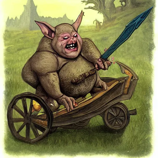 Prompt: painting of fat goblin riding in a slapdash wooden cart holding a lance, fantasy art, magic : the gathering art, by diterlizzi