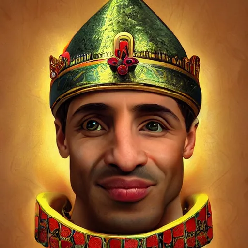 Prompt: realistic portrait beautiful painting depicts Ratatouille as King Pharaoh crowned with cheese in Ancient Egypt. created by Michaelangelo, trending on Artstation,high detailed, digital art.