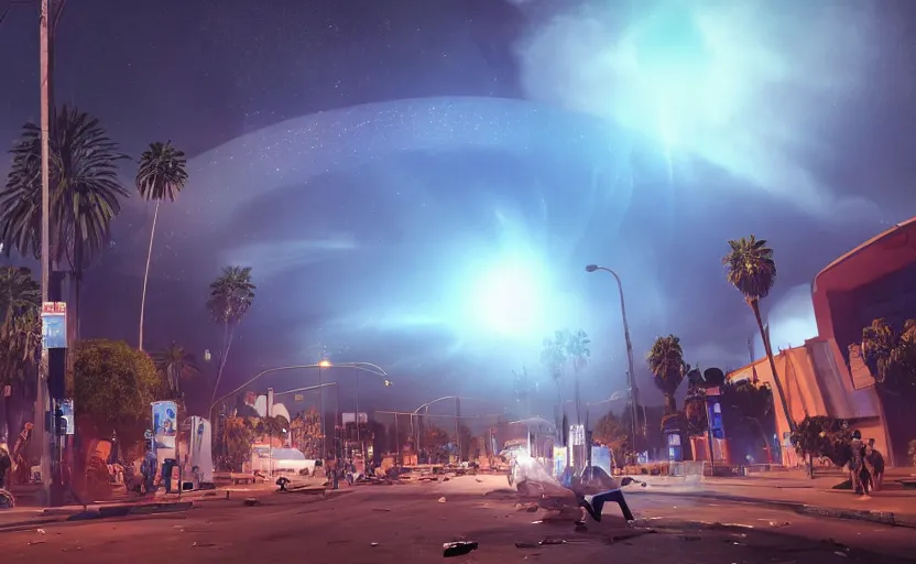 Image similar to people with posters attacking cops, a huge blue spiral - shaped white luminous attractor is floating on the horizon near the sun, stores in los angeles with light screens all over the street, concept art, art for the game, professional lighting, dark night lighting from streetlights