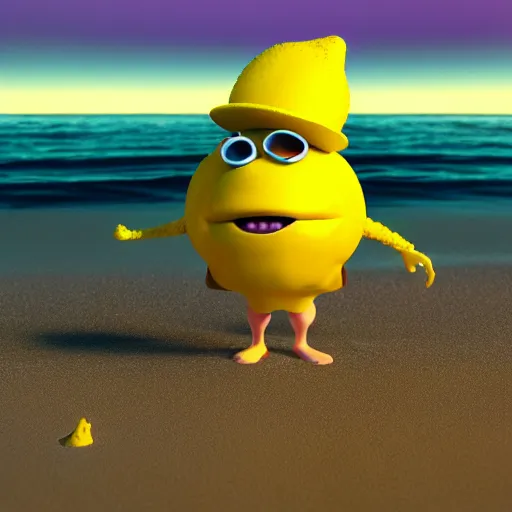 Image similar to 3 d octane render of an anthropomorphic lemon character, with lemon skin texture, it is wearing a hat and scuba diving suit, it's seen building a sandcastle on the beach at sunset, beach, huge waves, sun, clouds, long violet and green trees, rim light, cinematic photography, professional, sand, san dcastle, volumetric lightening