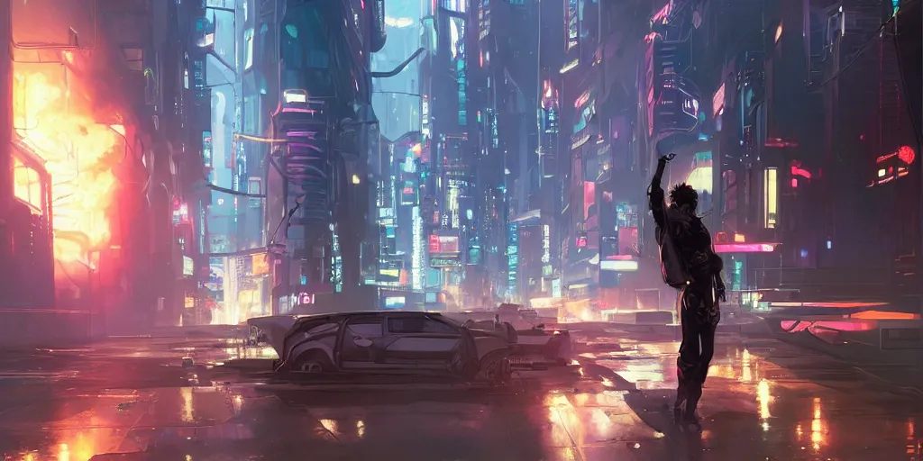 Prompt: cyberpunk computer scientist who served as systems engineer dancer on the neo tokyo streets of the mecha empire, meteor shower on burning streets by makoto shinkai, greg rutkowski, artstation, high detailed, cgsociety