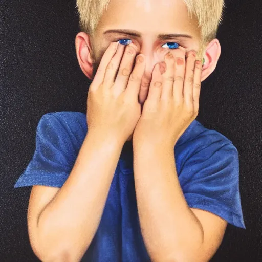 Image similar to portrait of a boy with his hand on his face, extremely realistic and real, photorealistic, blonde hair and blue eyes, detailed facial structure, real eyes that are detailed