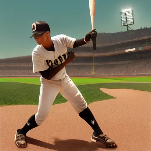 Image similar to baseball player hitting the ball with the baseball bat in the middle of the game and in front of everyone in the stadium, james gurney painting style, greg rutkowski, artstation, octane render, unreal engine 5