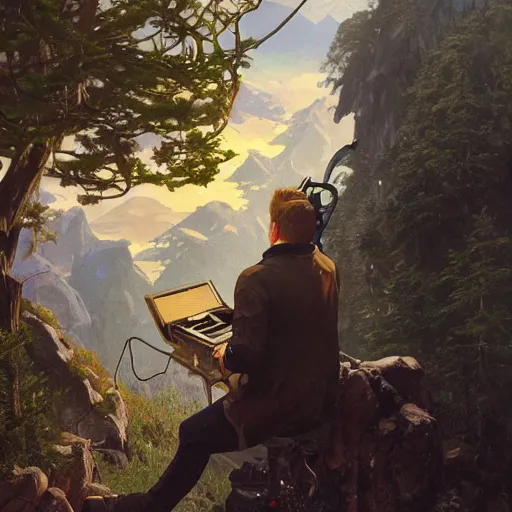 Prompt: a male dj mixing his music alone on the top of a mountain, highly detailed, digital painting, Artstation, concept art, dreamy, smooth, sharp focus, illustration, art by Greg Rutkowski, Alphonse Mucha