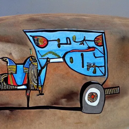 Image similar to egyptian rides in a car behind the wheel, rock painting in fresco