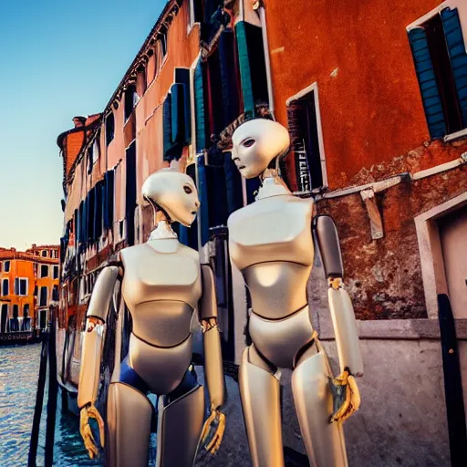 Image similar to two humanoid robots who faill in love in venice, sunset golden hour