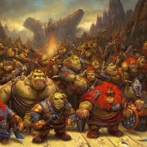 Image similar to battle of trolls orcs goblins dwarfs elves knights, oil painting by justin gerard, deviantart